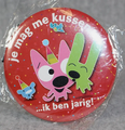 One of the pins. Translation: "you can kiss me.... ...it's my birthday!"