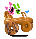 Hoops, Yoyo, and Piddles riding a car made out of donuts.